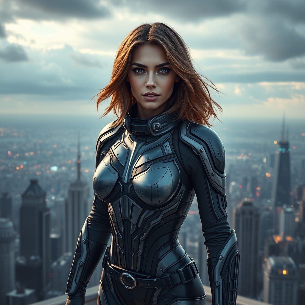 Comic Book Heroine in Futuristic Armor Stands on Rooftop
