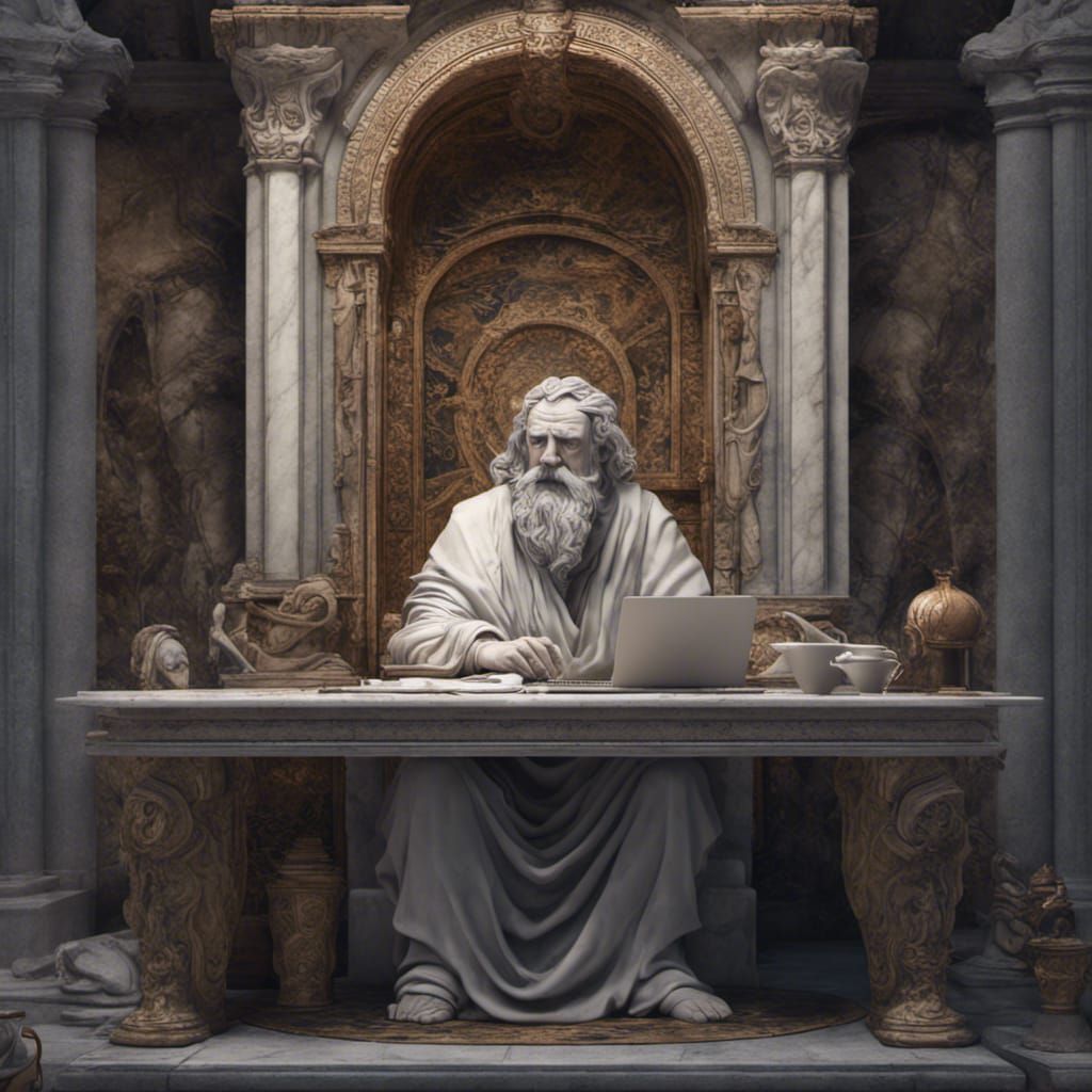 Marble Philosopher Sculpture at Computer, Fantasy Art