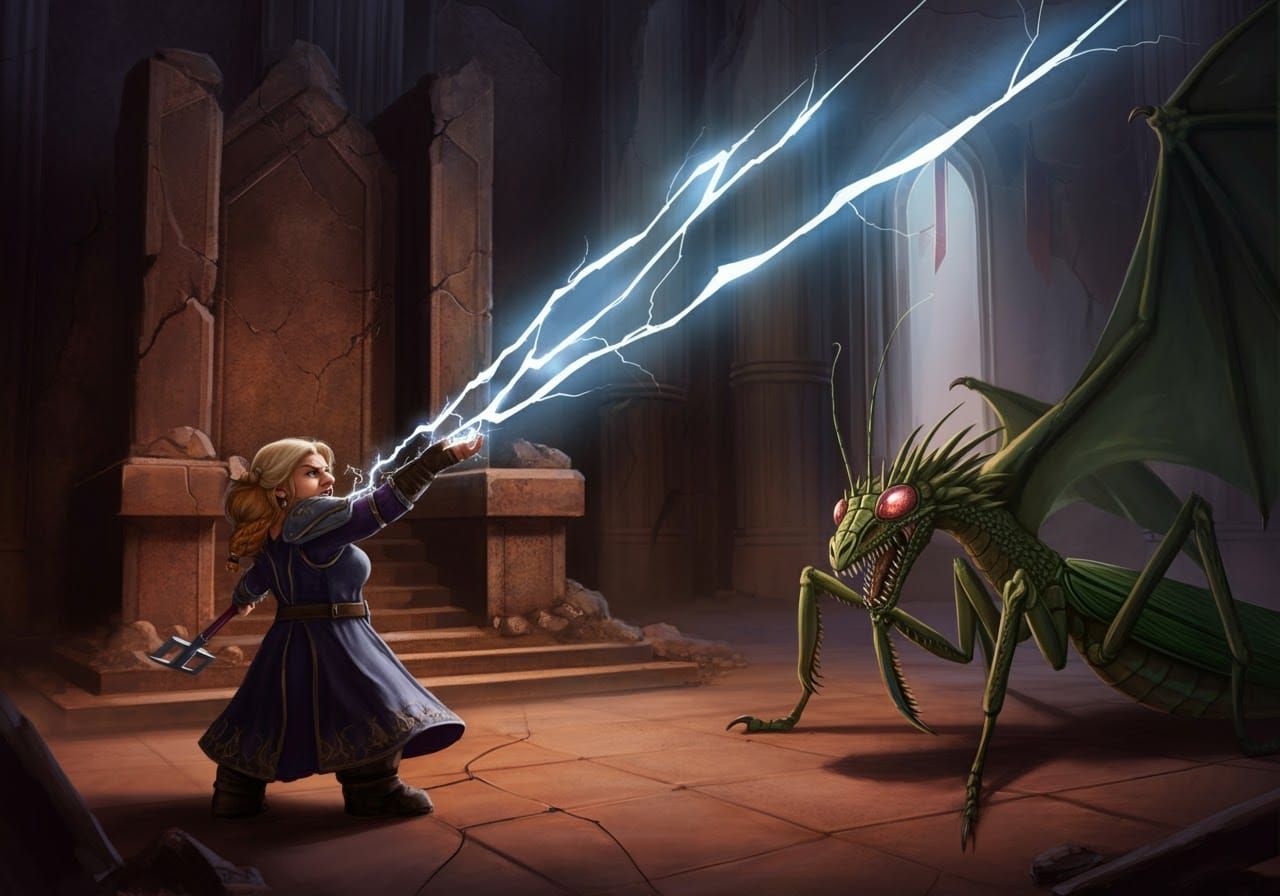 Dwarven Sorceress Faces Dragon-Mantis in Epic Battle