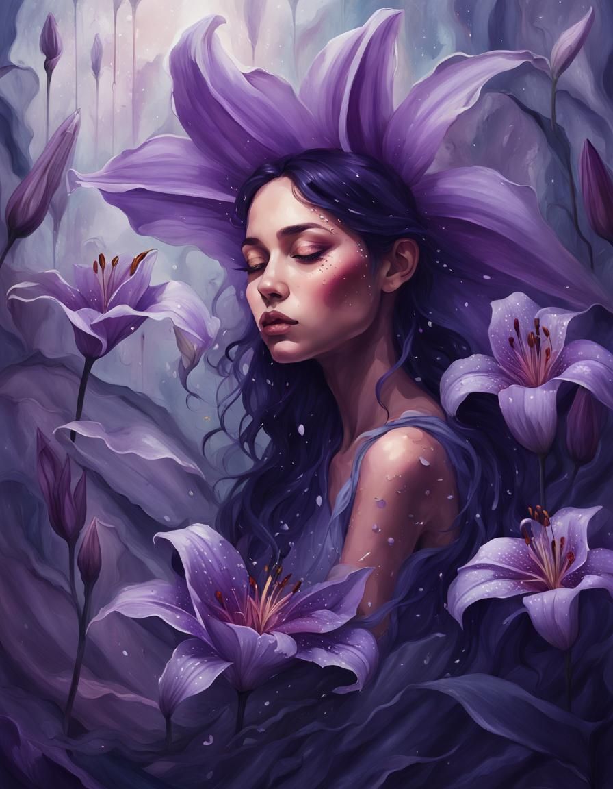 Fairy Tears in Translucent Purple Lily, Art Nouveau