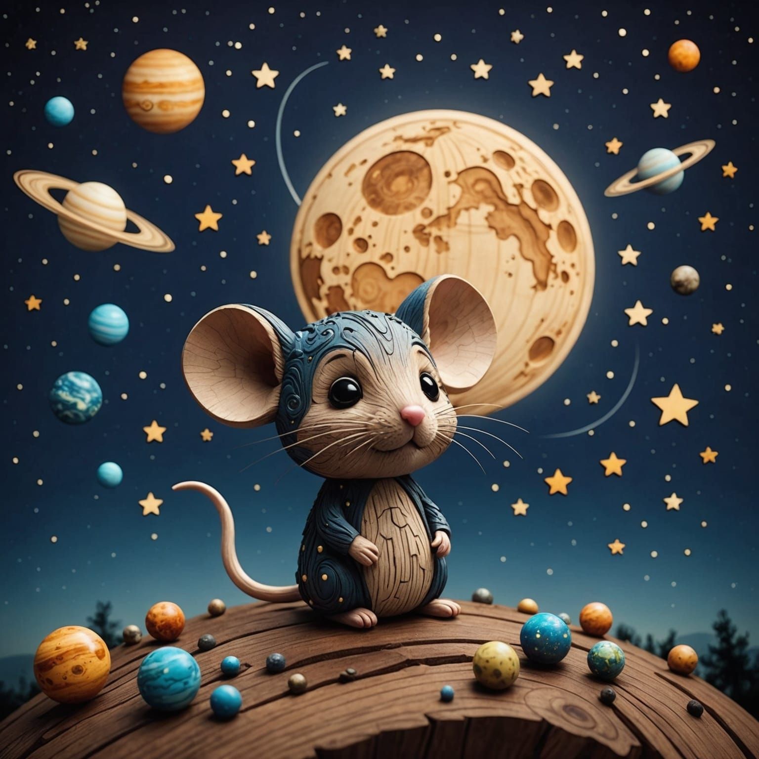 Chibi Mouse Gazes at Planet-Filled Night Sky