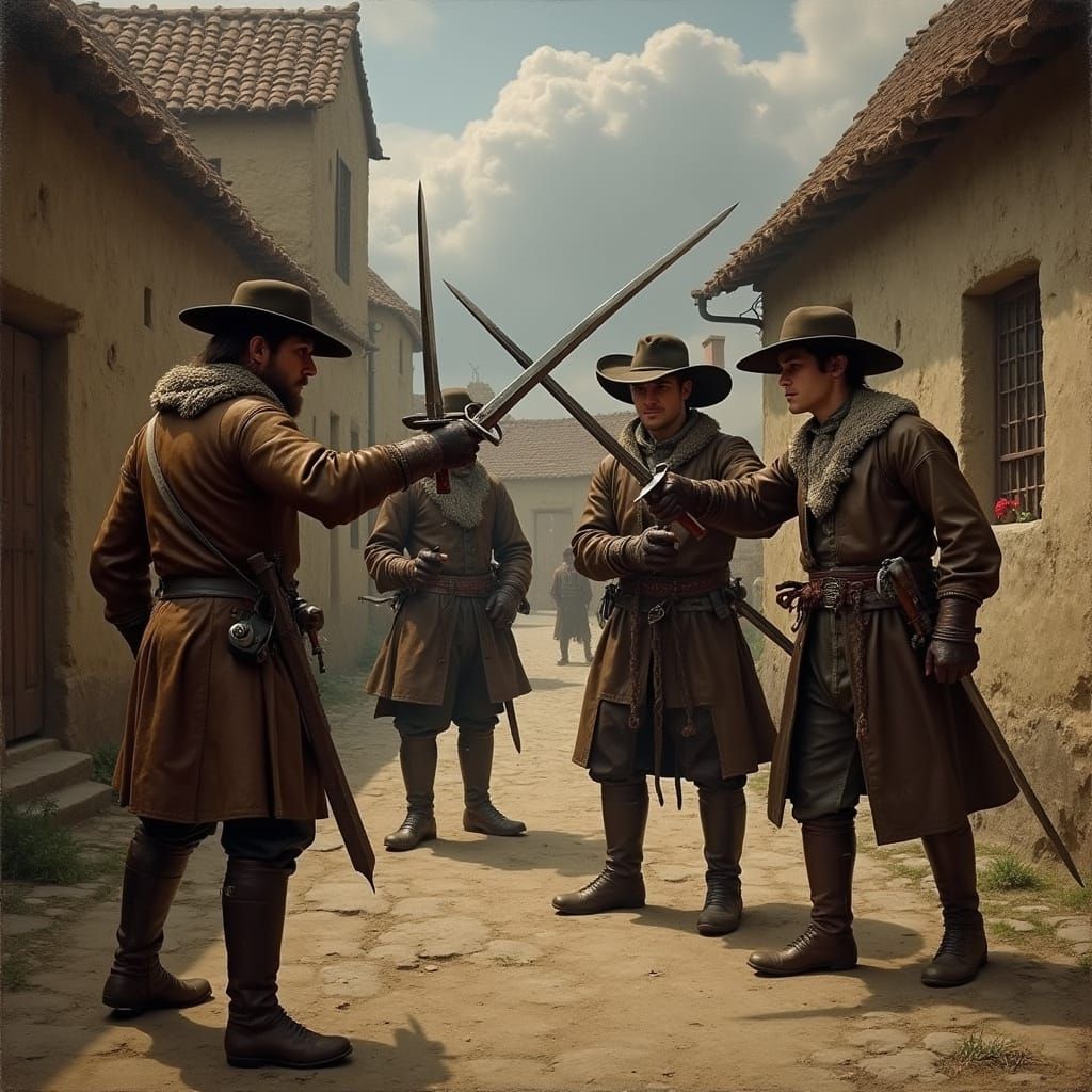 17th-Century Swordsmen in a Rustic Town, Reminiscent of Baro...