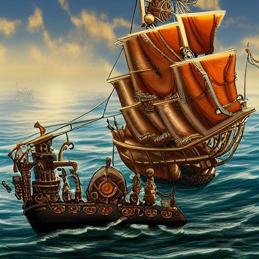 Steampunk Dwarf Pirates Sail on Calm Ocean
