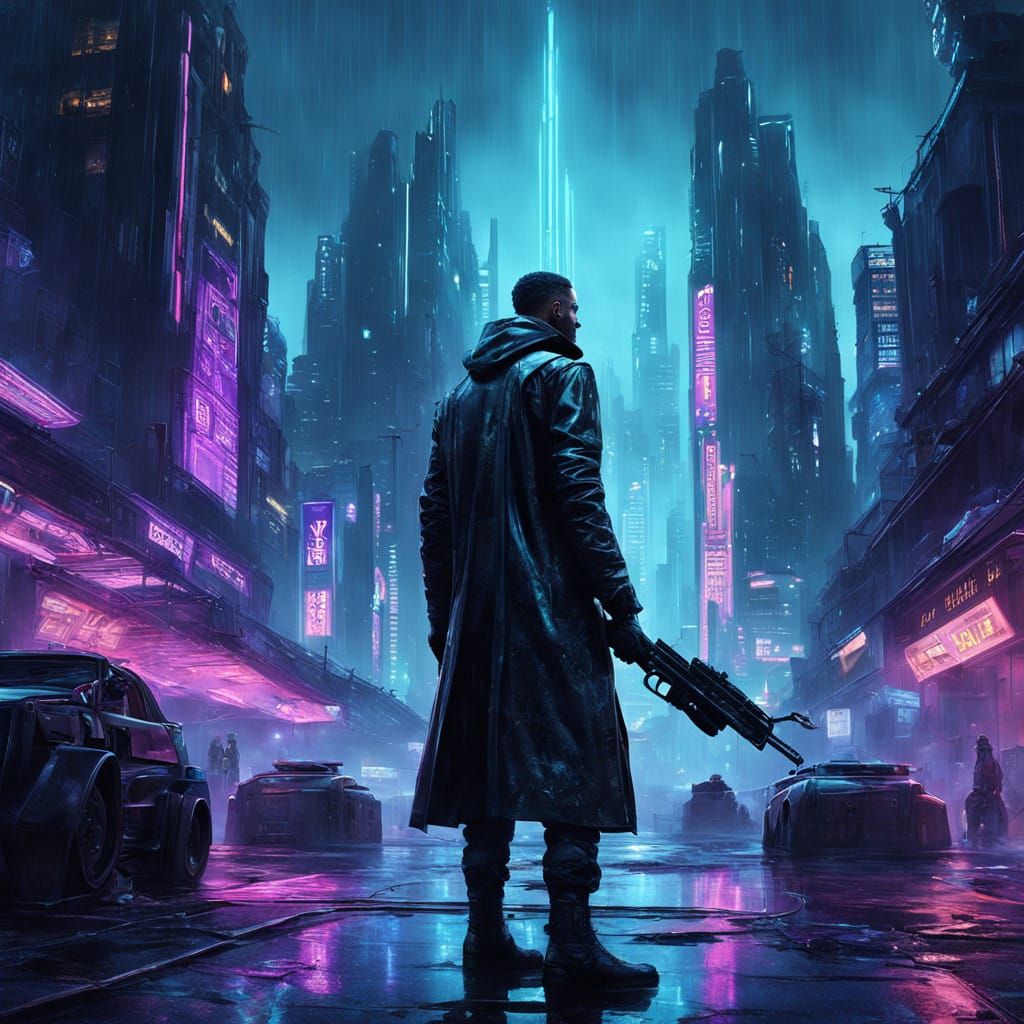 Cyberpunk Metallic Rifle in a Futuristic Cityscape