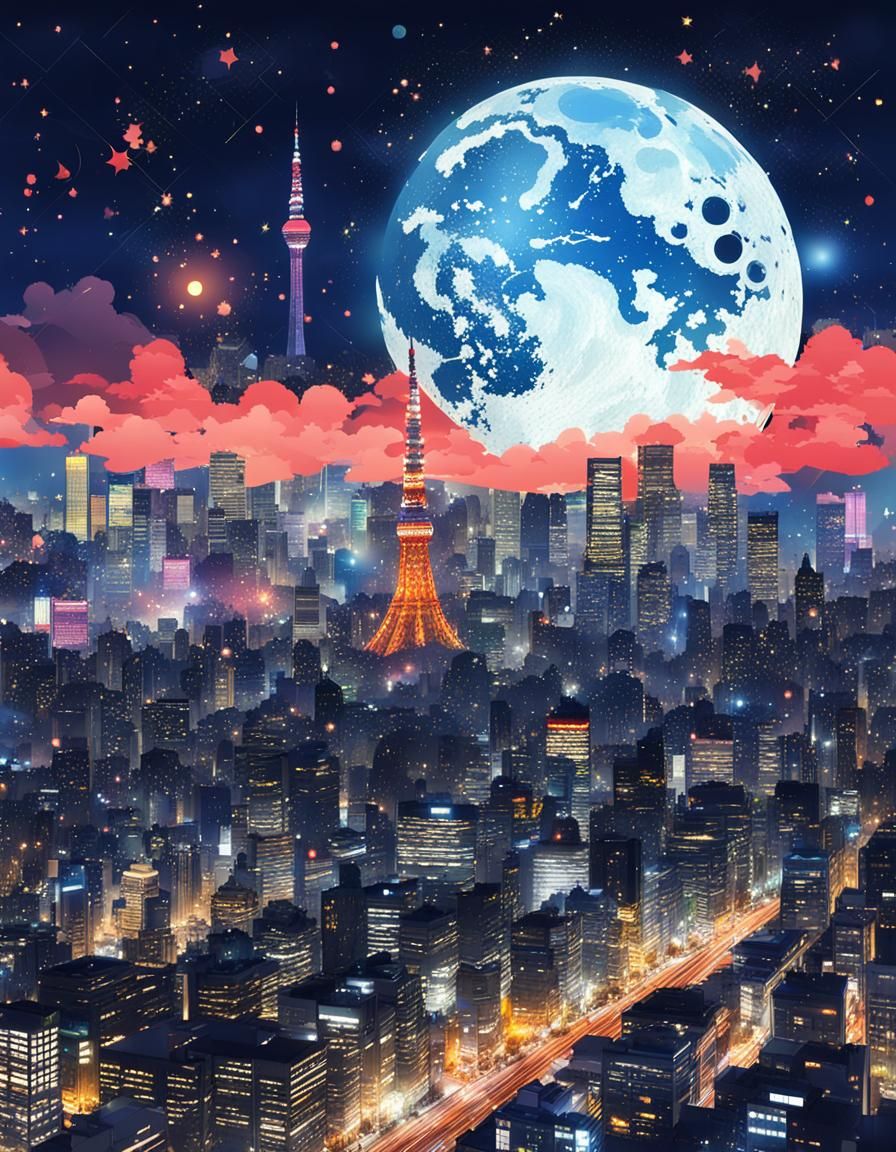 Tokyo Skyline Made of Moon and Stars