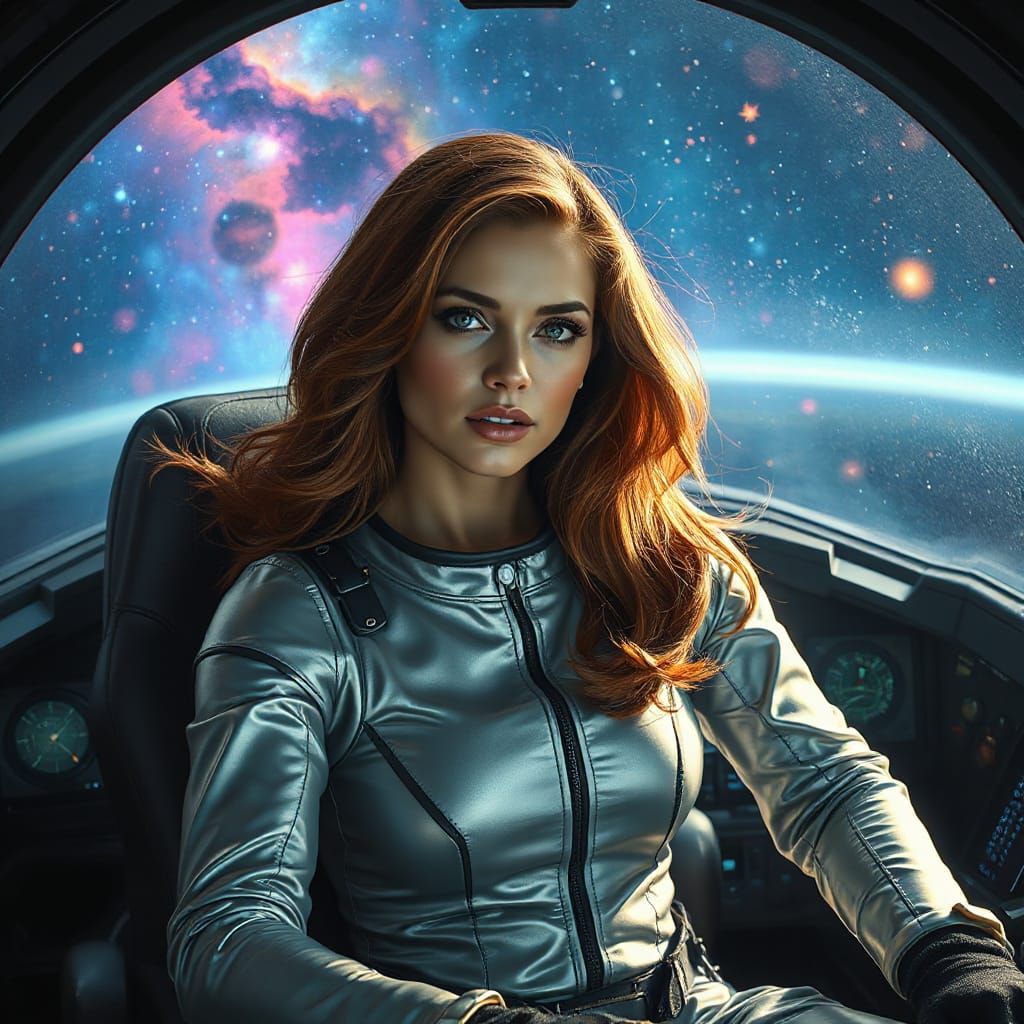 Woman Pilot in Futuristic Spaceship Cockpit
