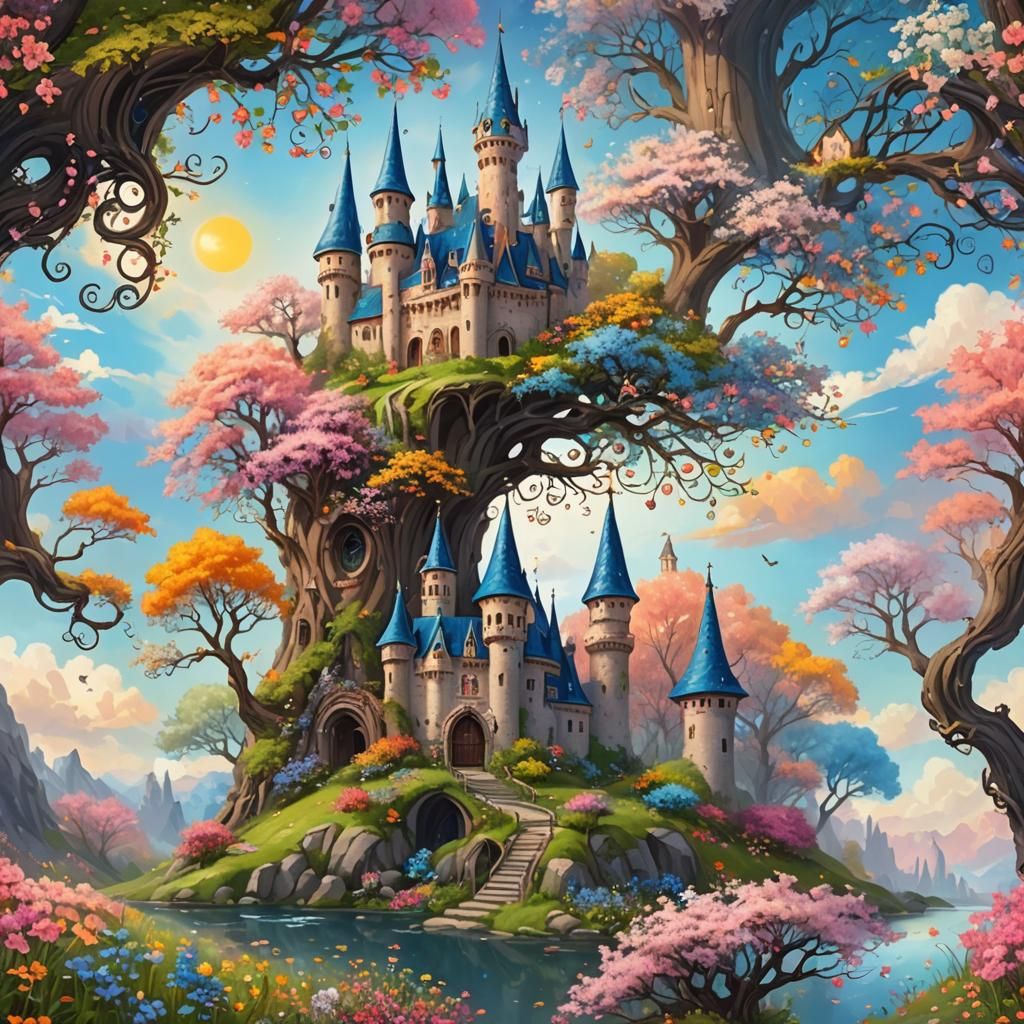 Enchanted Fairy Castle with Blossoming Trees
