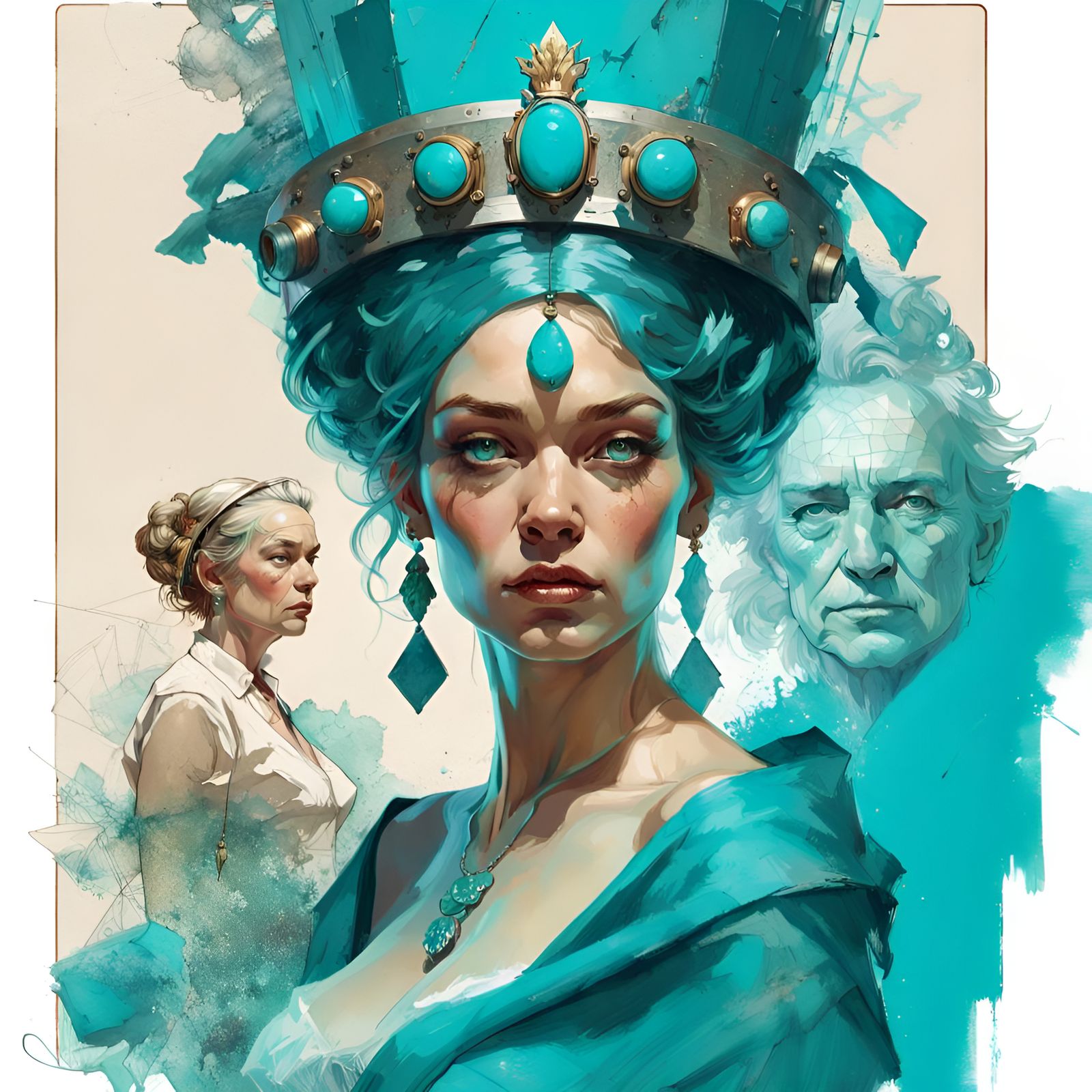 Gorgeous Turquoise Queen Portrait in Digital Illustration St...