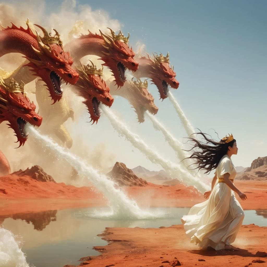 Red Dragon Chasing Woman with Water