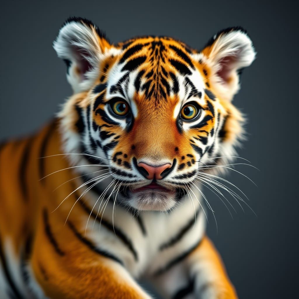 White Striped Tiger Cub Portrait in Studio Lighting