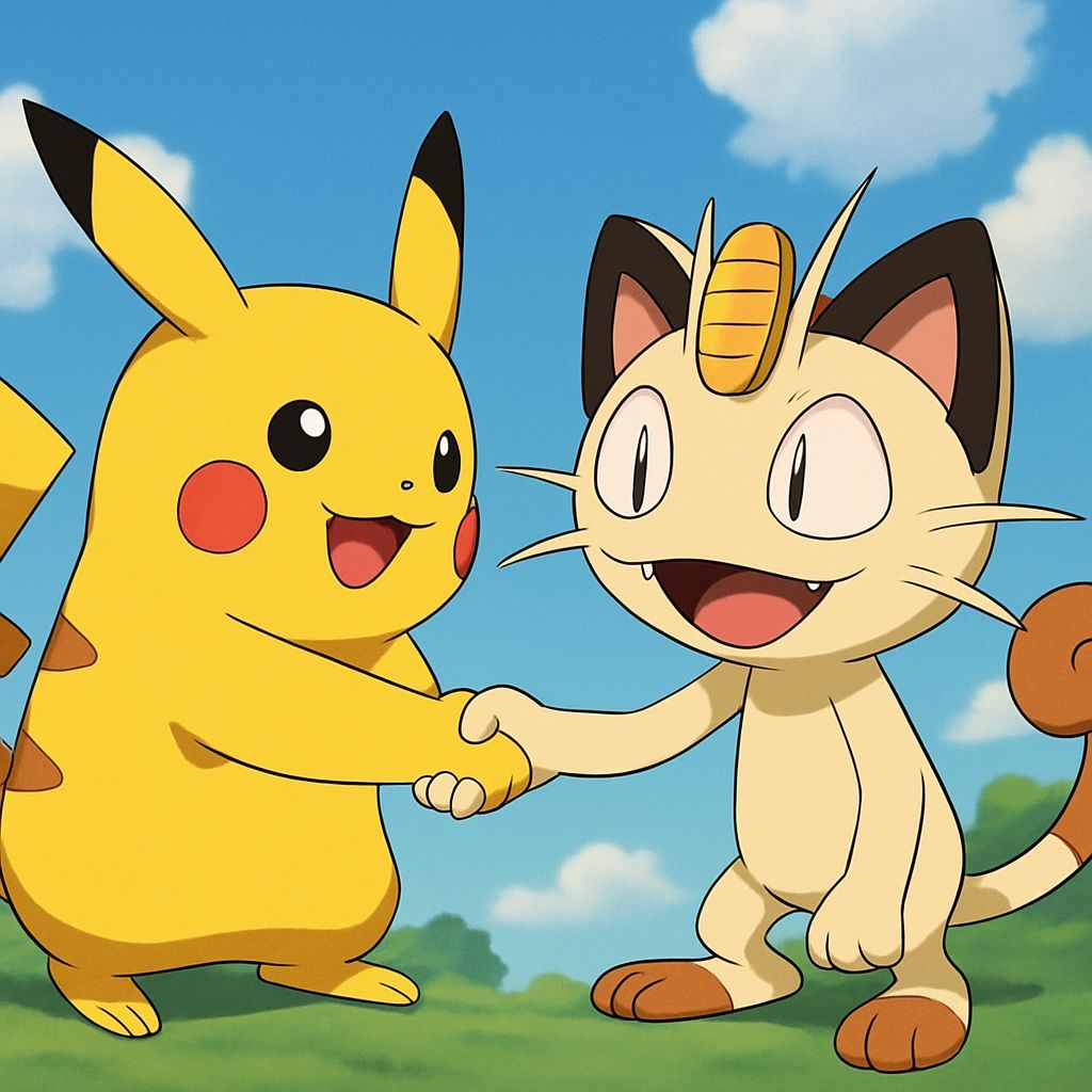 Pikachu and Meowth Shake Hands in Friendship