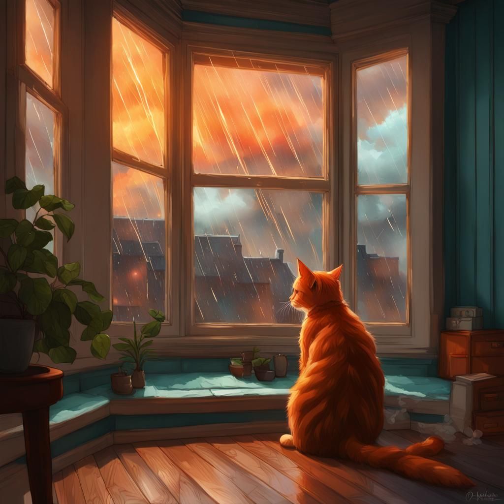 Cozy Storm Watch: Woman and Cat in Bay Window