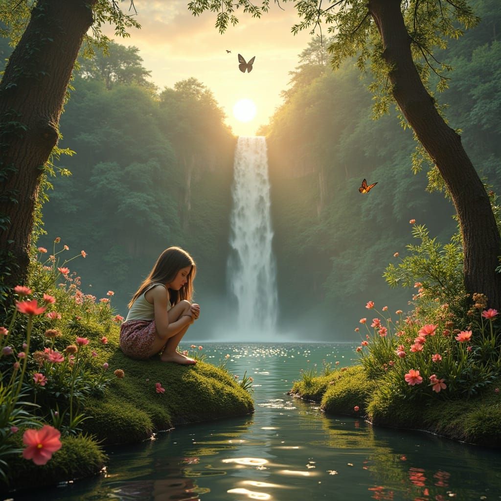 Mystical Garden Oasis at Sunset