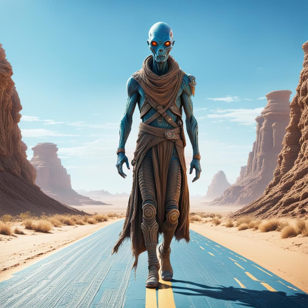 Alien Nomad on Desert Highway in Cinematic Realism