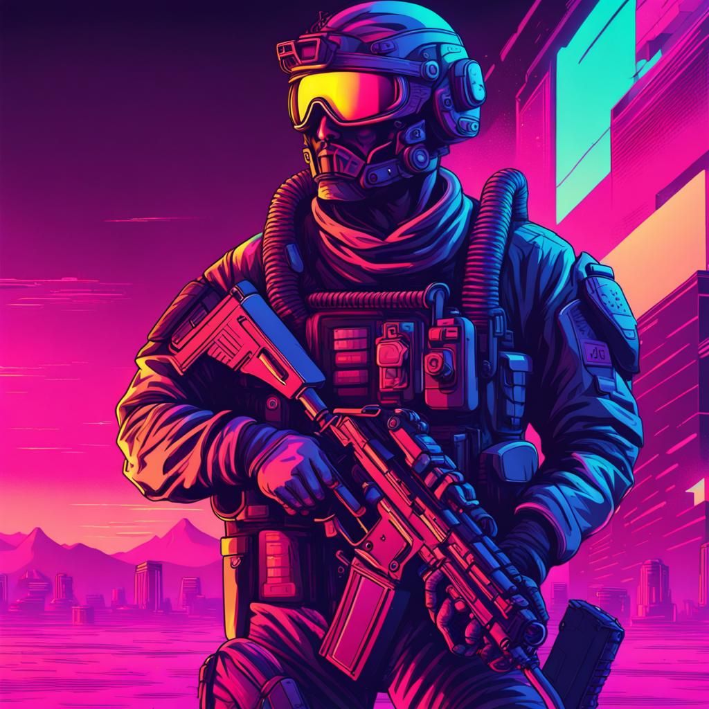 Modern Soldier in Valhalla: Synthwave Neon Retro