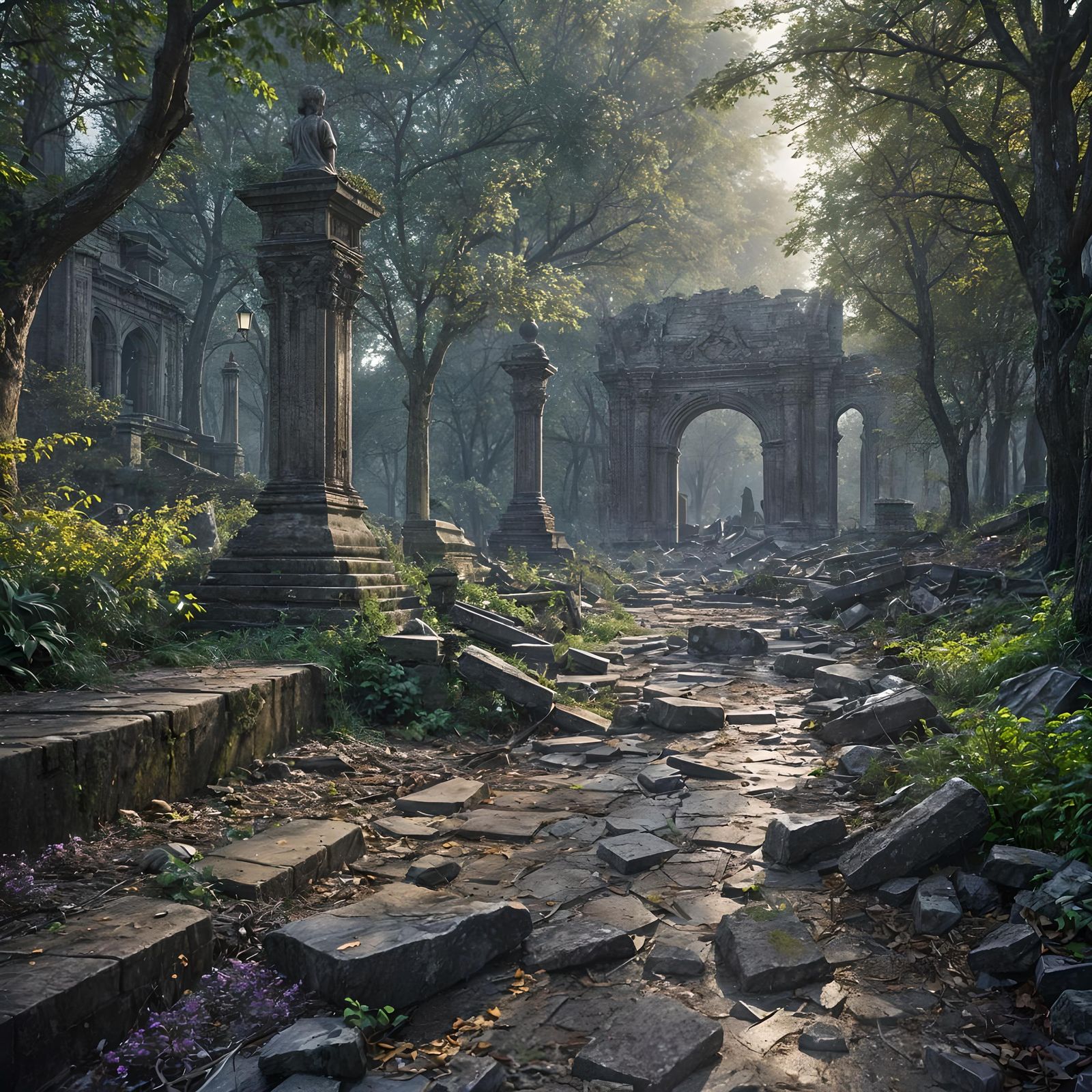 Ruined City in Dense Forest: Dark Fantasy Concept Art