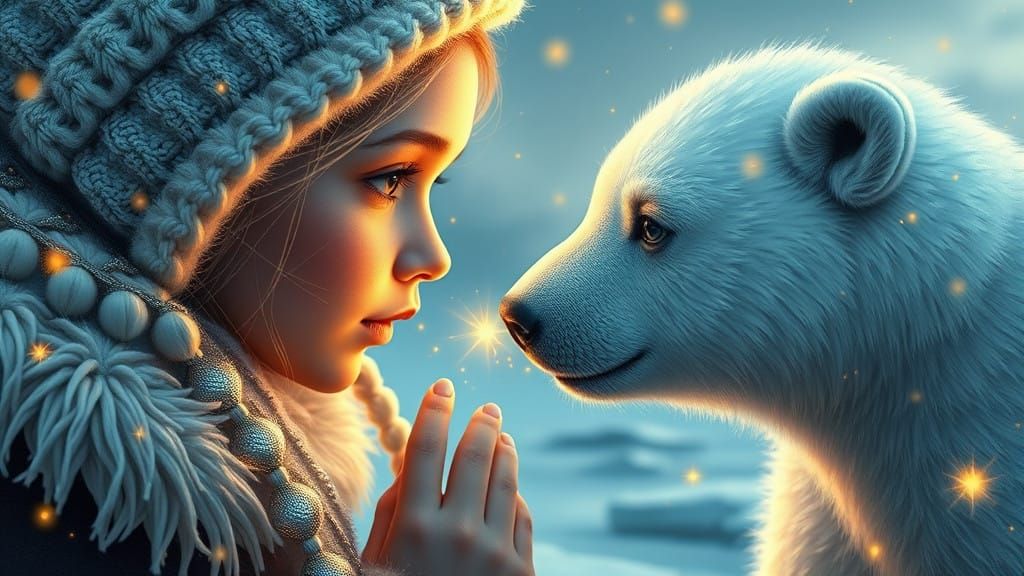 Cute Polar Bear and Eskimo Girl Share a Tender Moment in a V...