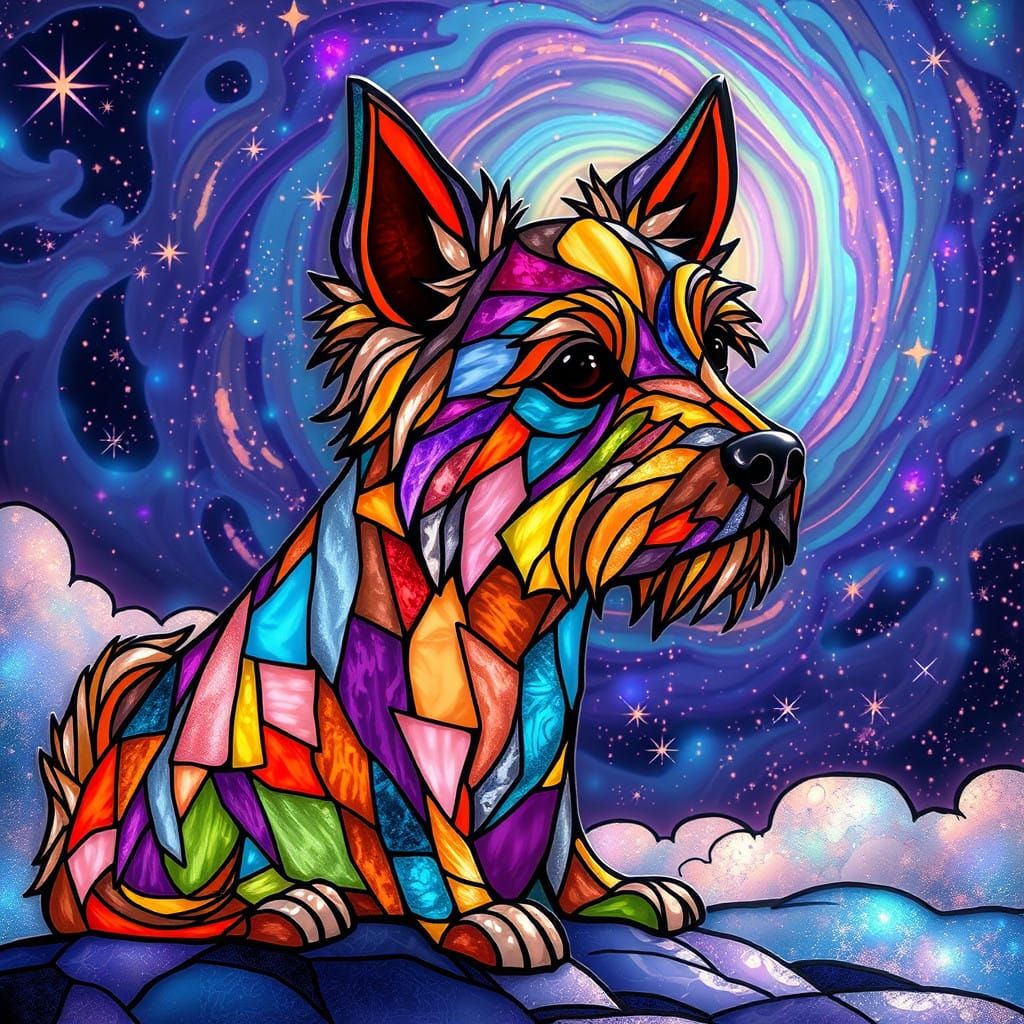 Vibrant Stained Glass Dog in Celestial Wonder