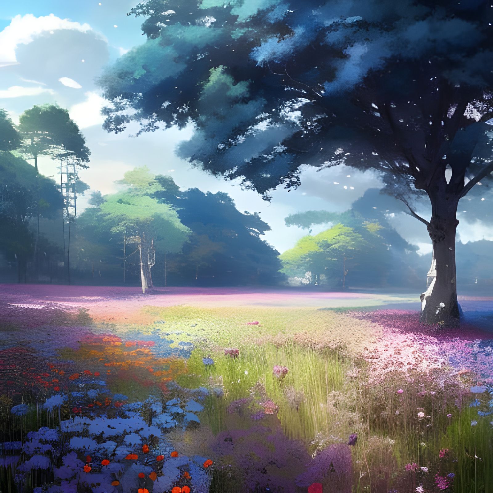 Epic Flower Field Under Starry Sky in Anime Style