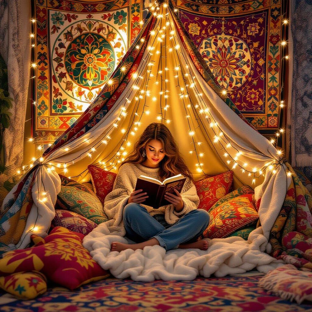 Art Nouveau Blanket Fort with Fairy Lights