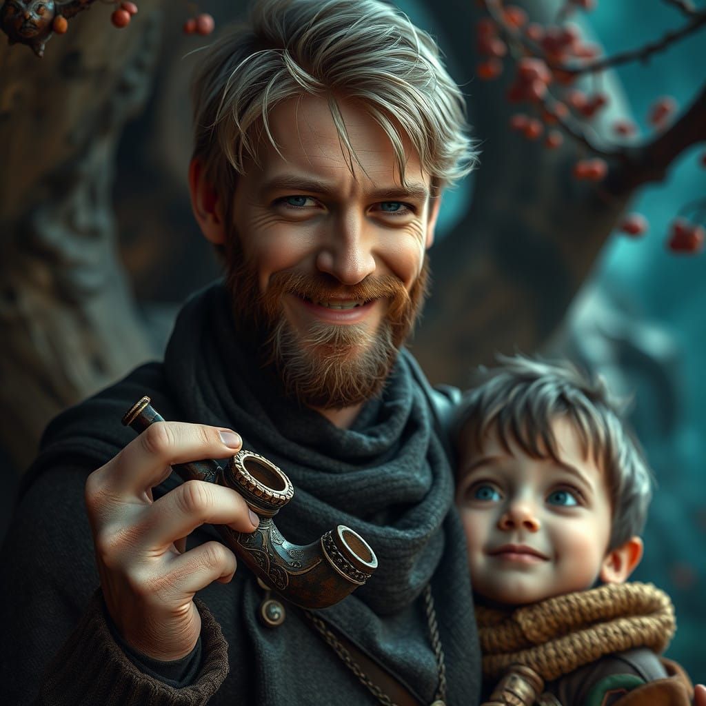 Rugged Gentleman Cradles Pipe in Whimsical Fantasy Scene