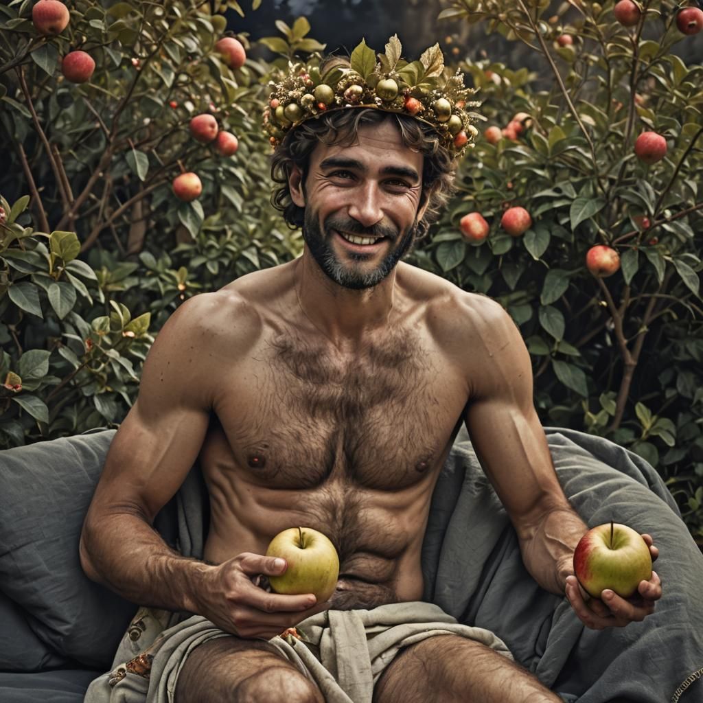 Moonlit Garden: Man with Apple in Hyperrealistic Style