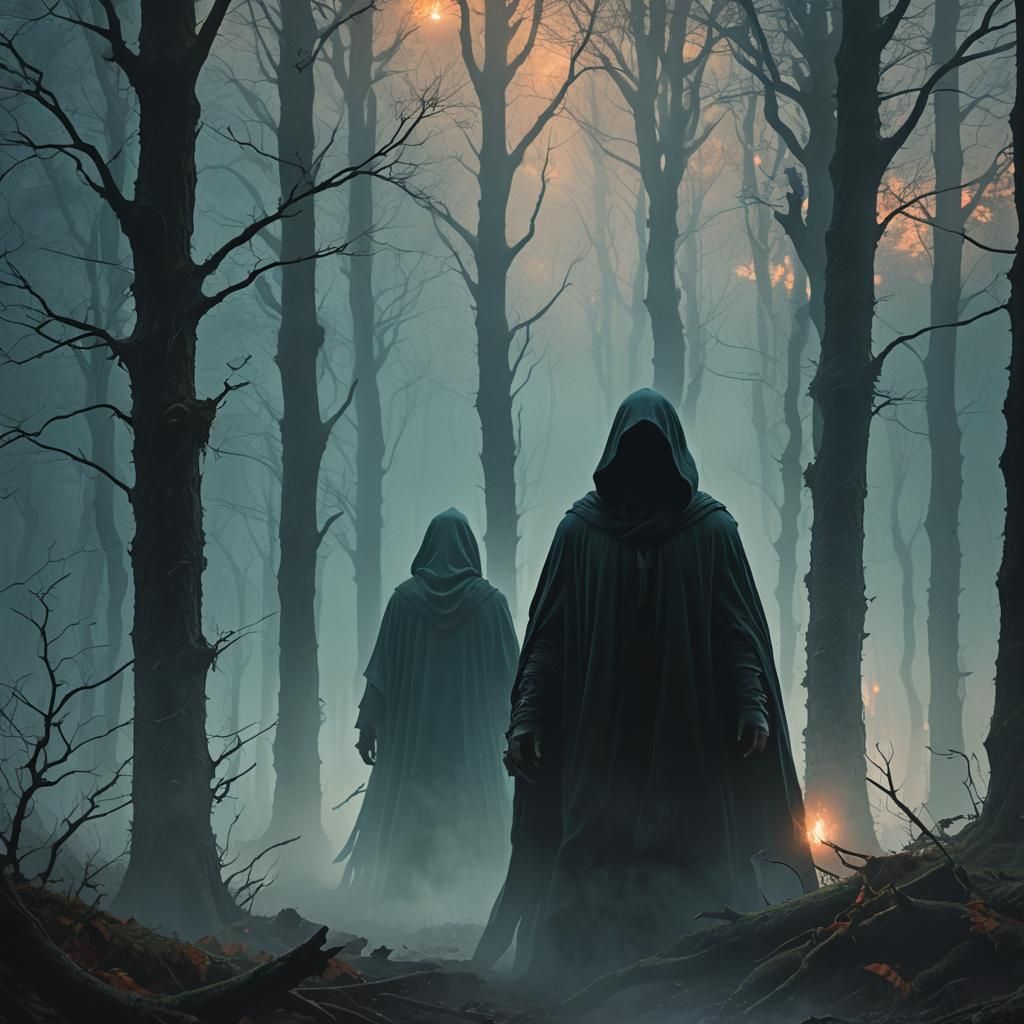 Cloaked Figure in Foggy Forest Concept Art