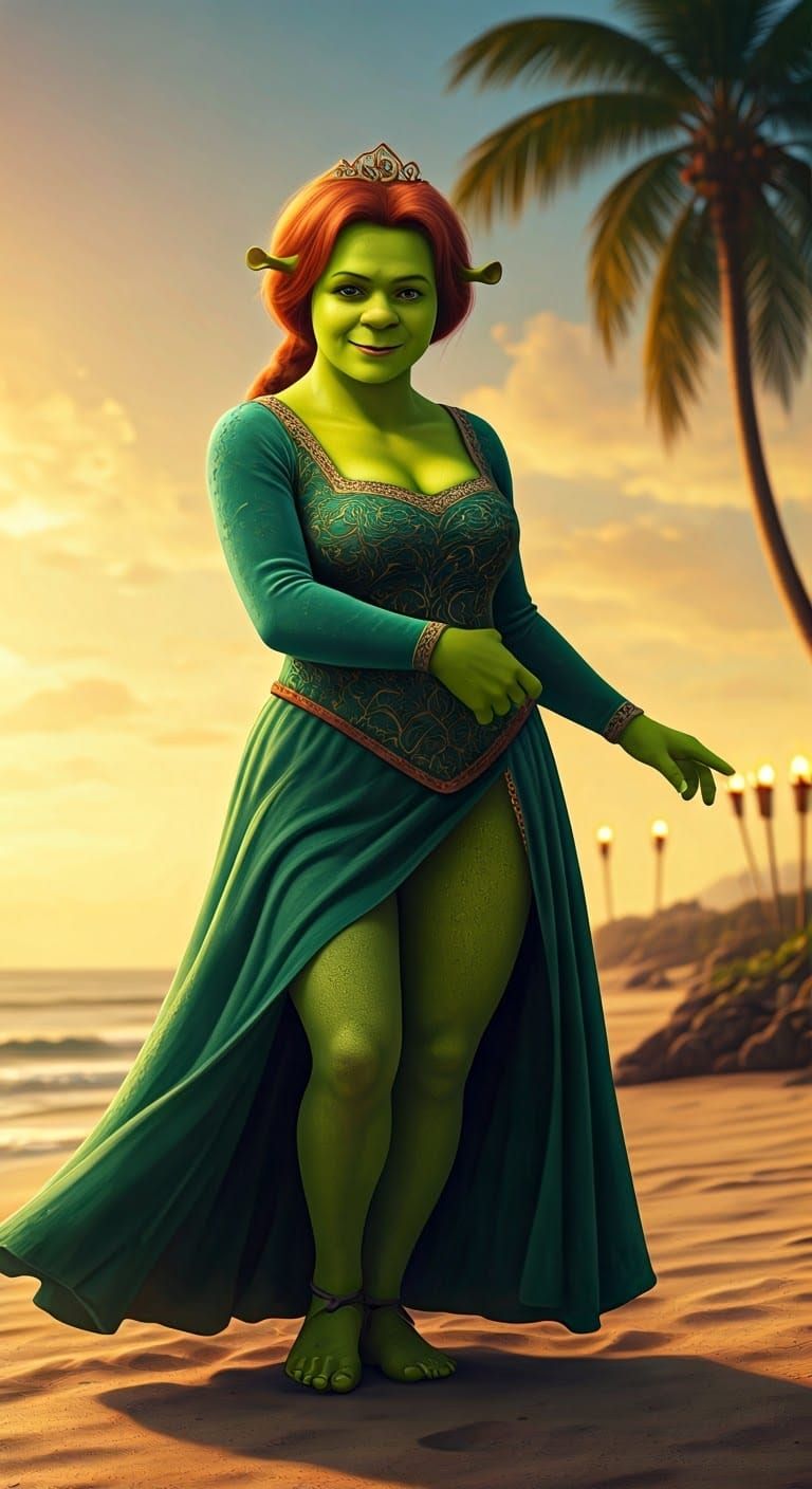 Princess Fiona Dances Under Sunset on Tropical Beach