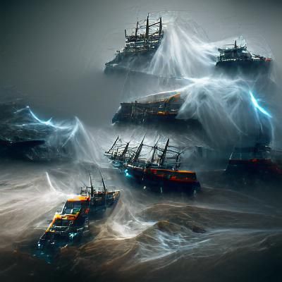 Ghost Ships on Stormy Sea in 8k
