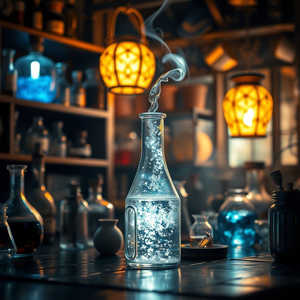 Sparkling Silver Potion in Alchemist's Lab, Photorealistic S...