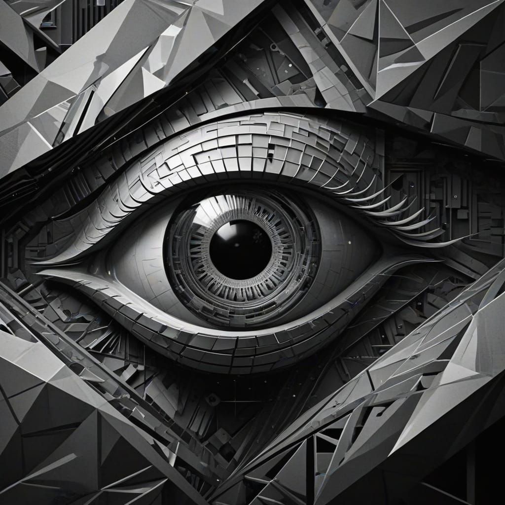 Futuristic Eye Icon in Monochromatic Gray with Geometric Pat...