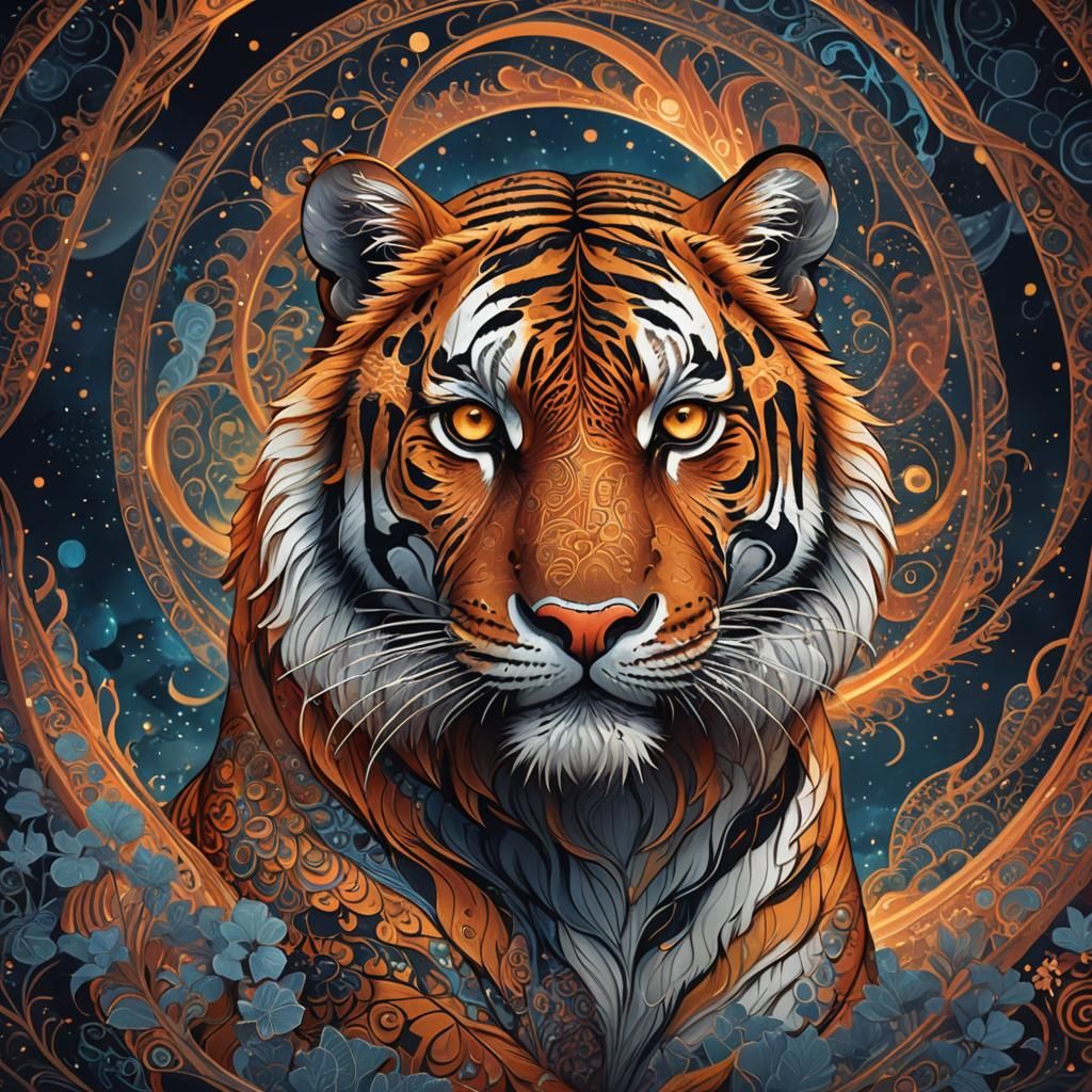 Fiery Tiger with Fractal Patterns in Digital Art