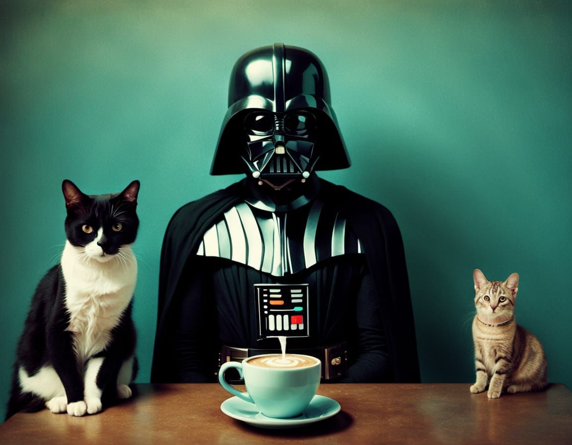 Surreal Coffee Shop Scene with Darth Vader and Felines