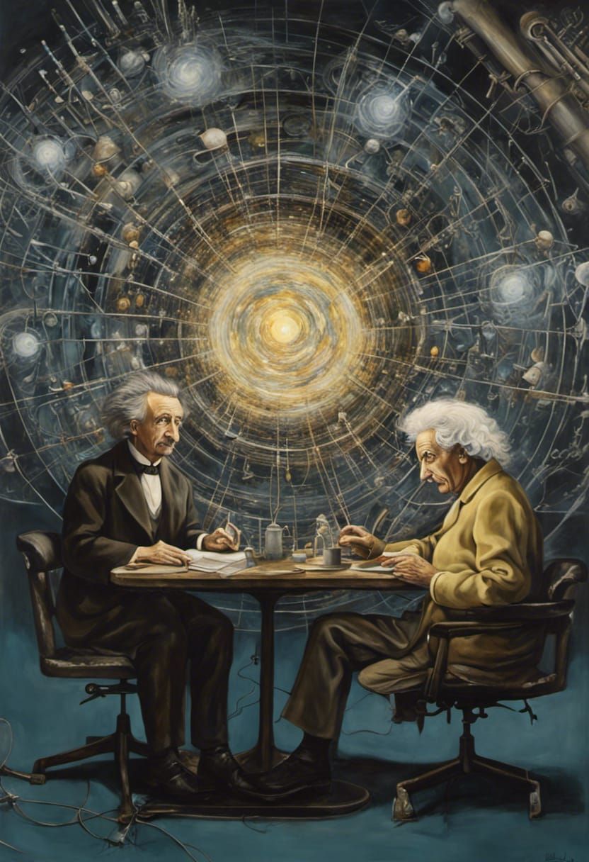 Curie and Einstein at Hadron Collider, Surrealist Oil