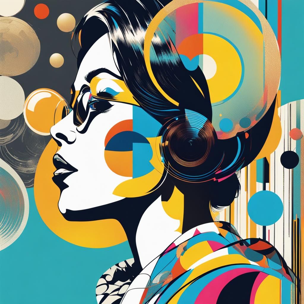 Funky 70's Woman with Vinyl Records in Pop Art Style