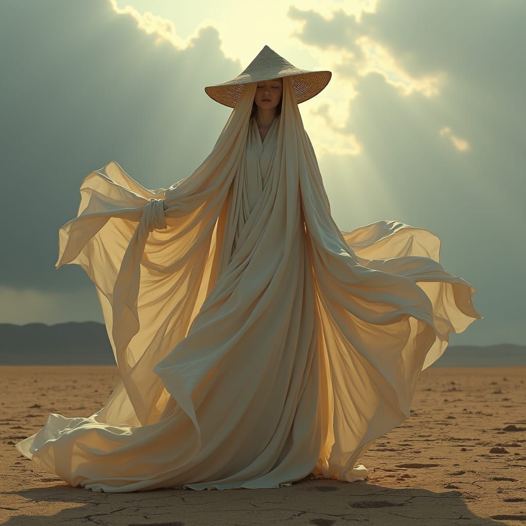 Surreal Figure in Desert Landscape with Golden Light