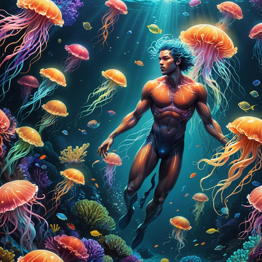 Underwater Humanoid Creature in Bioluminescent Scene