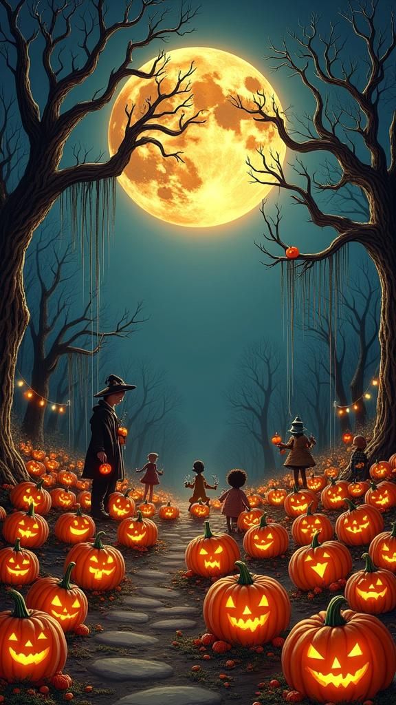 Magical Halloween Pumpkin Patch Celebration Under Moonlight