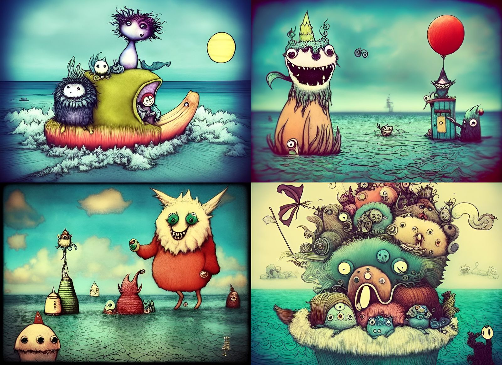 Funny Monsters Play at the Beach