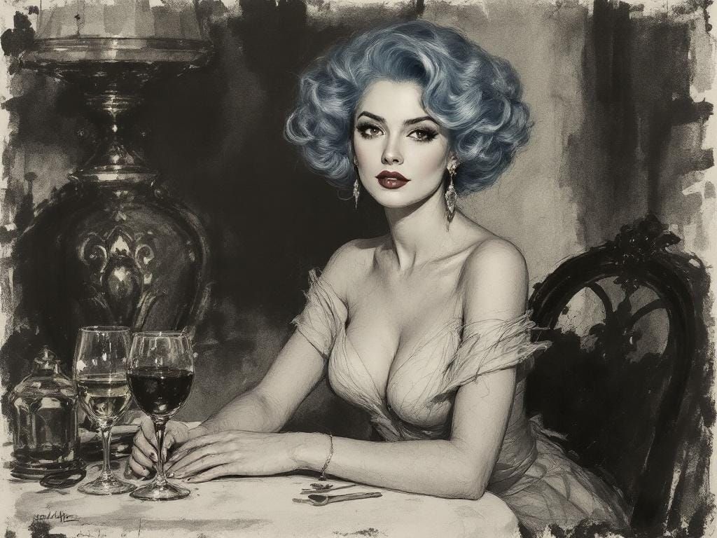 Woman with Blue Curls in Charcoal Sketch Style