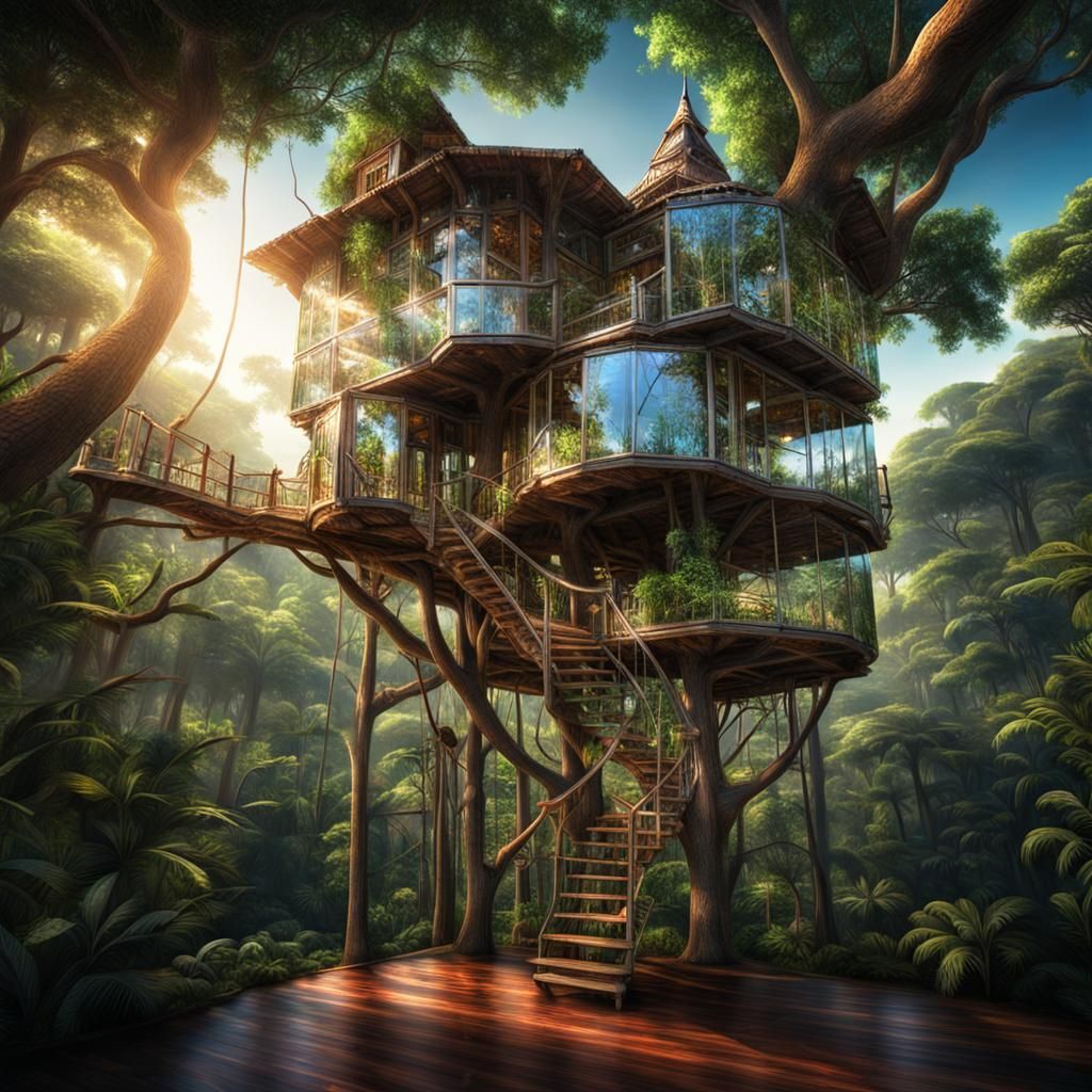 Glass Treehouse in Jungle, Hyperrealistic 64MP Render