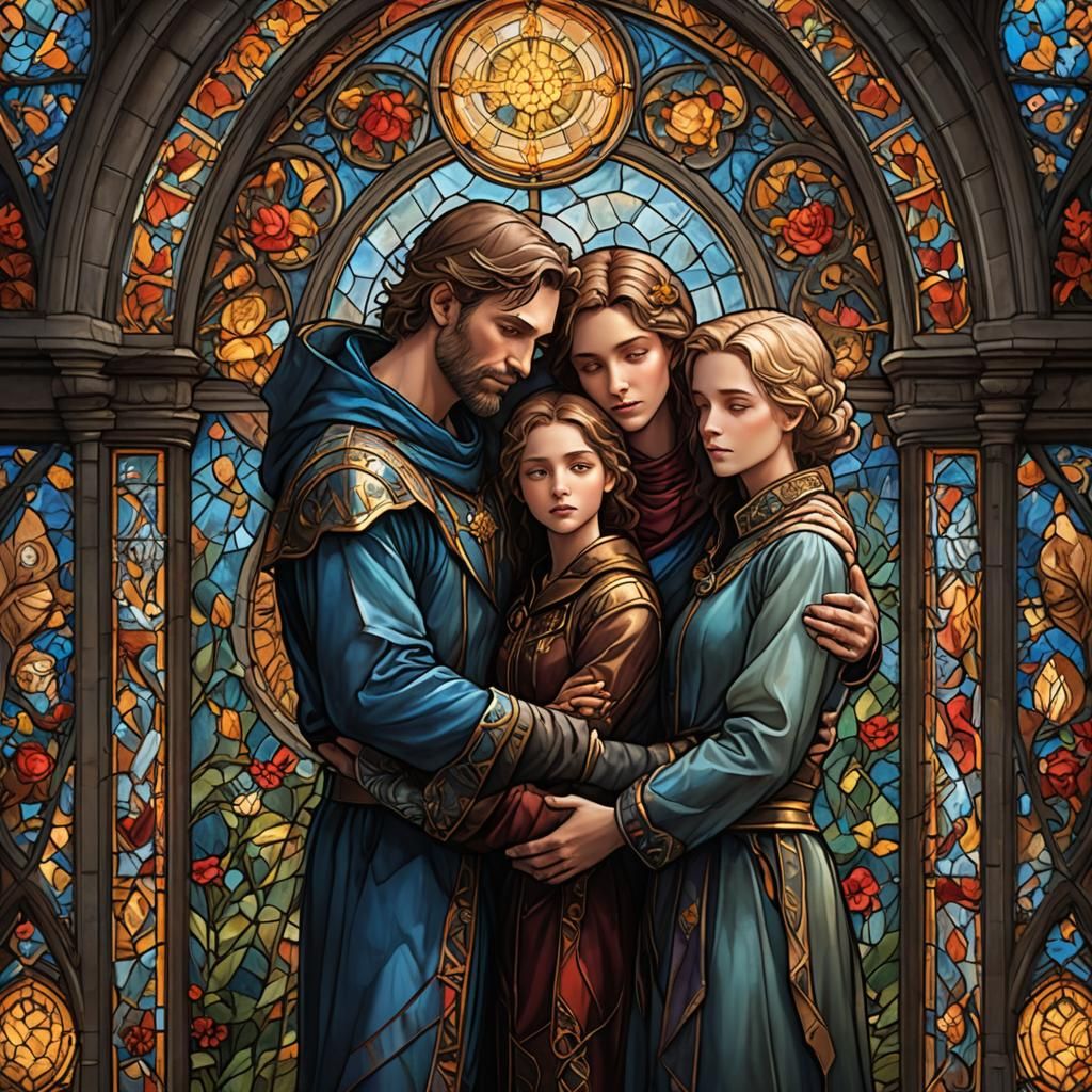 Stained Glass Family Hug: Detailed Matte Painting