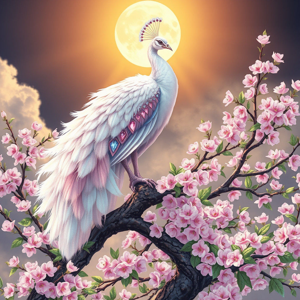 White Peacock with Pastel Plumage, Art Nouveau Style