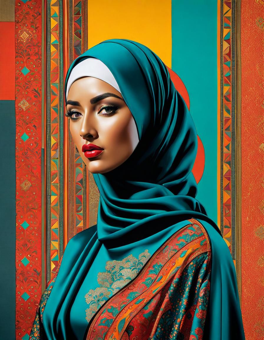 Hijabi Woman Portrait with Facemask in Pop Art Style