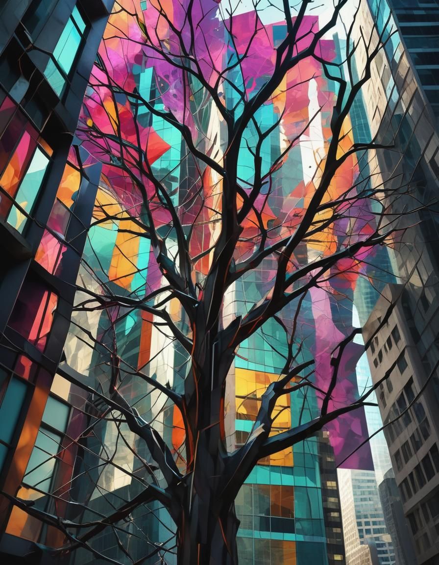 Surreal Tree Branches Tangled in City Skyscrapers