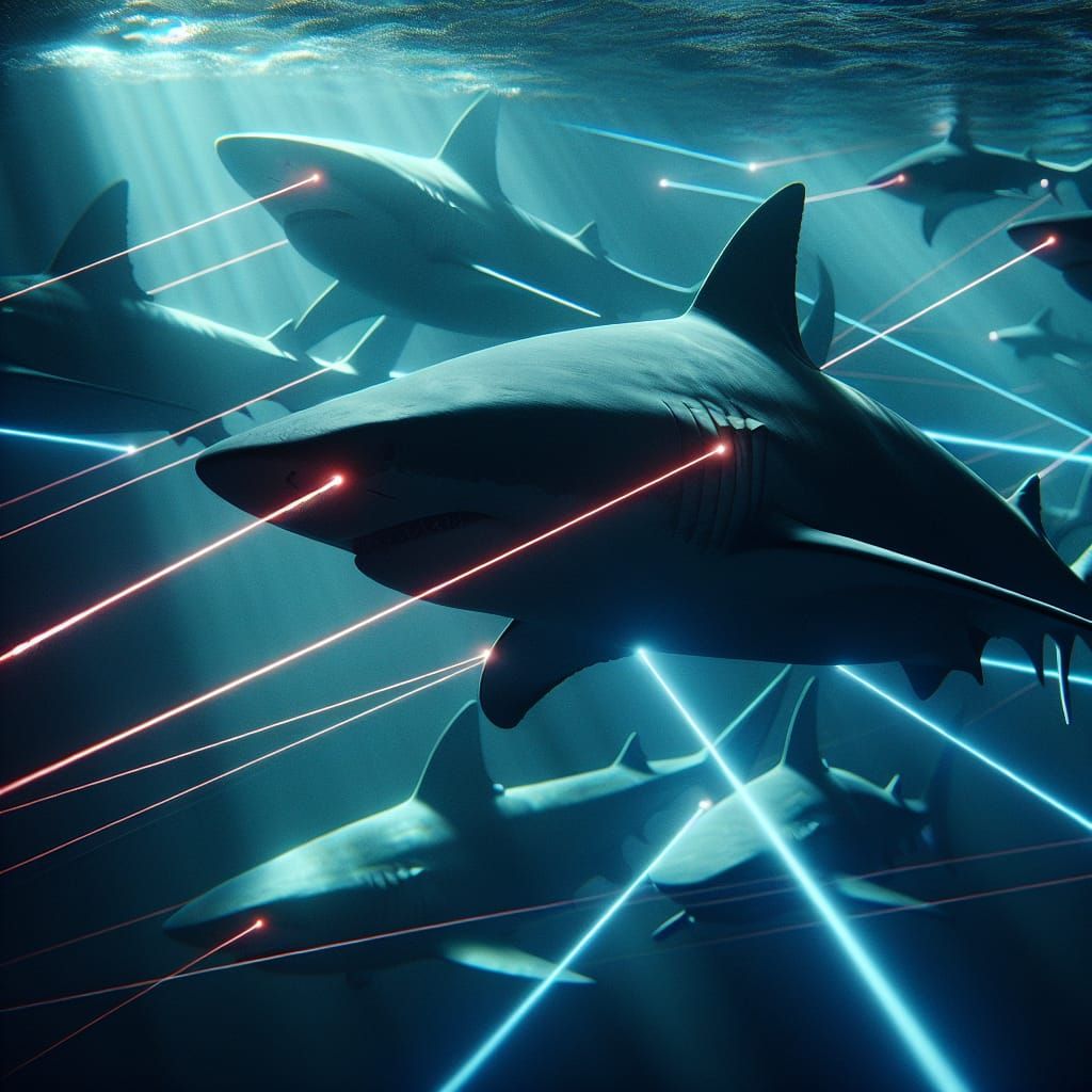 Hyperrealistic Sharks with Laser Beams in Deep Sea