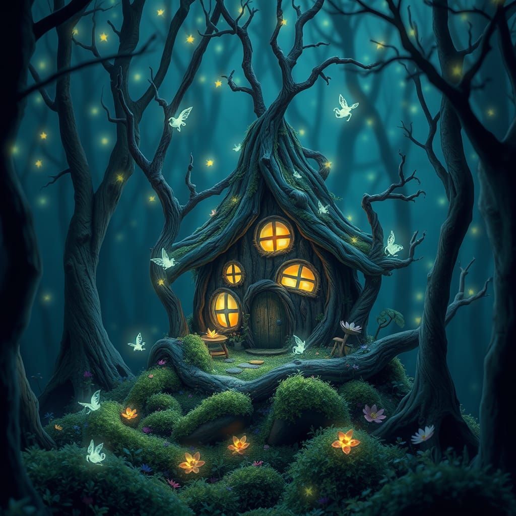 Enchanted Fairy House in Forest, Whimsical Digital Art