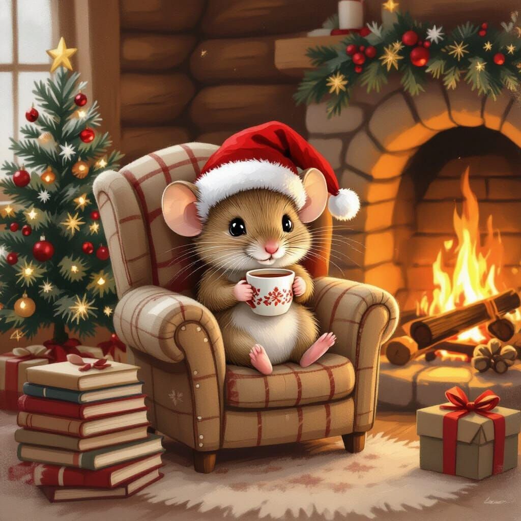 Cute Baby Mouse in Cozy Log Cabin Christmas Scene