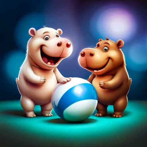 Chibi Hippos Playing Beachball: Hyperrealistic Splash Art