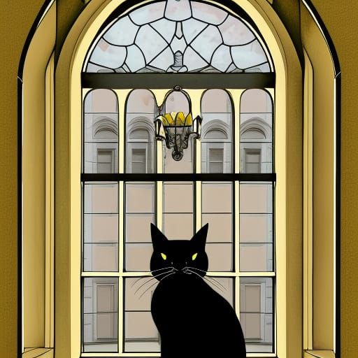 Black Cat on Gothic Window, 3D Digital Art